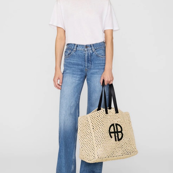 Anine Bing Handbags - NWT ANINE BING Straw Tote Bag with Black Handles - Beige